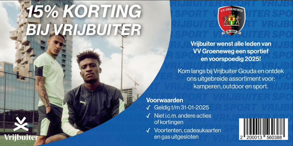 15% korting bij Vrijbuiter Gouda voor VV Groeneweg leden